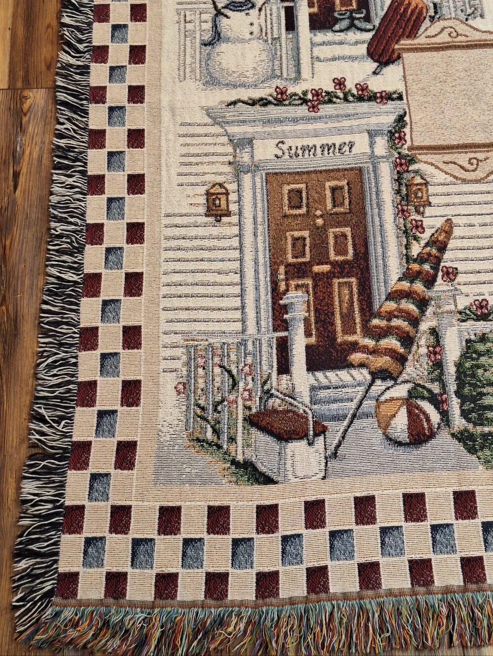 Vtg Four Seasons Woven Tapestry Throw Blanket With Fringe 50x60 Country Cottage